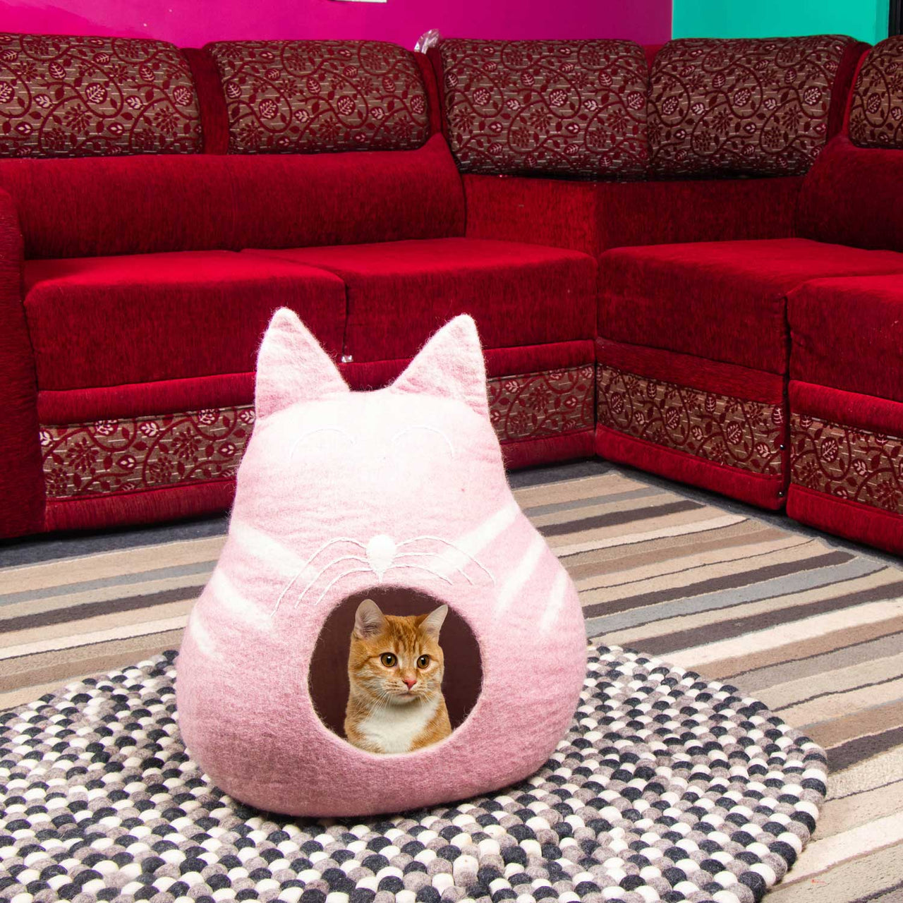 Cat Faced Wool Cat Cave, Felt Cat Cave